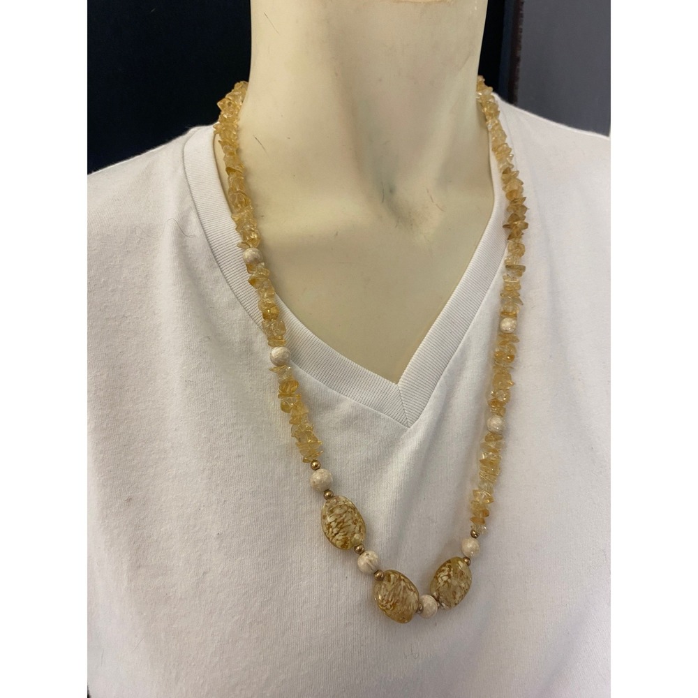 Citrine Gemstone Statement Necklace Boho Chip Beads Oval Pendant